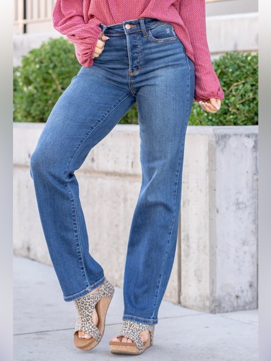 Judy Blue Denim - Judy Blue Johnny High Rise Hidden Button Fly Dad Jeans Medium Wash Blue 29